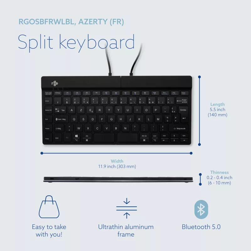 R-Go Tools Ergonomic keyboard R-Go Split Break with break software, ergonomic split keyboard, AZERTY (FR), Bluetooth, black