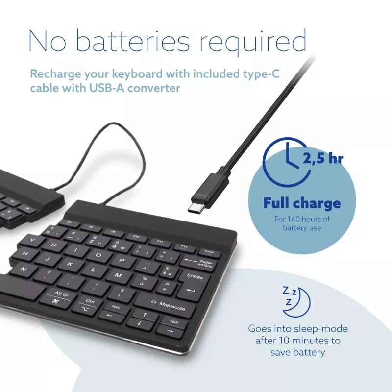 R-Go Tools Ergonomic keyboard R-Go Split Break with break software, ergonomic split keyboard, AZERTY (FR), Bluetooth, black