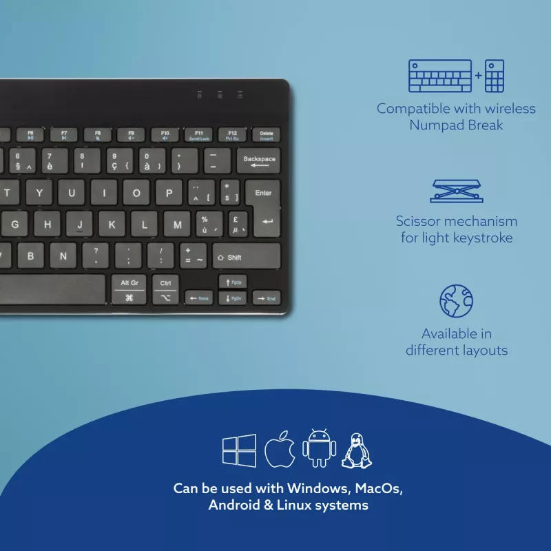 R-Go Tools Ergonomic keyboard R-Go Compact Break, compact keyboard with break software, AZERTY (BE), Bluetooth, black