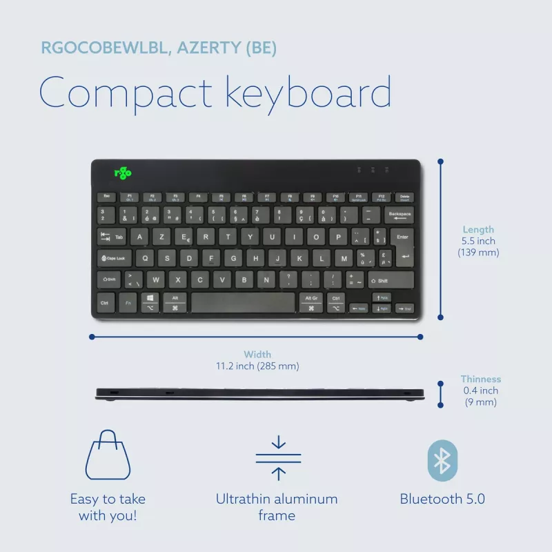 R-Go Tools Ergonomic keyboard R-Go Compact Break, compact keyboard with break software, AZERTY (BE), Bluetooth, black