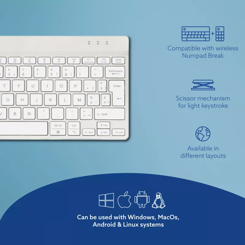 R-Go Tools Ergonomic keyboard R-Go Compact Break, compact keyboard with break software, AZERTY (BE), Bluetooth, white