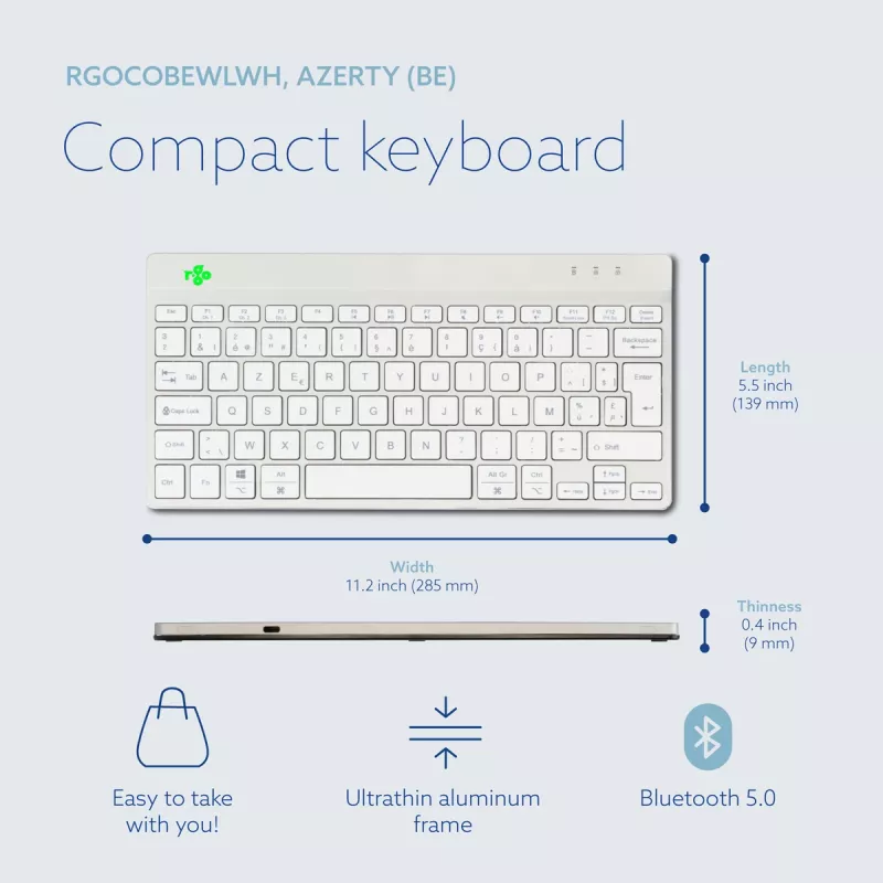 R-Go Tools Ergonomic keyboard R-Go Compact Break, compact keyboard with break software, AZERTY (BE), Bluetooth, white