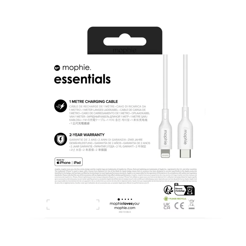 mophie essentials Lightning to USB-C | charging cable (1M) White