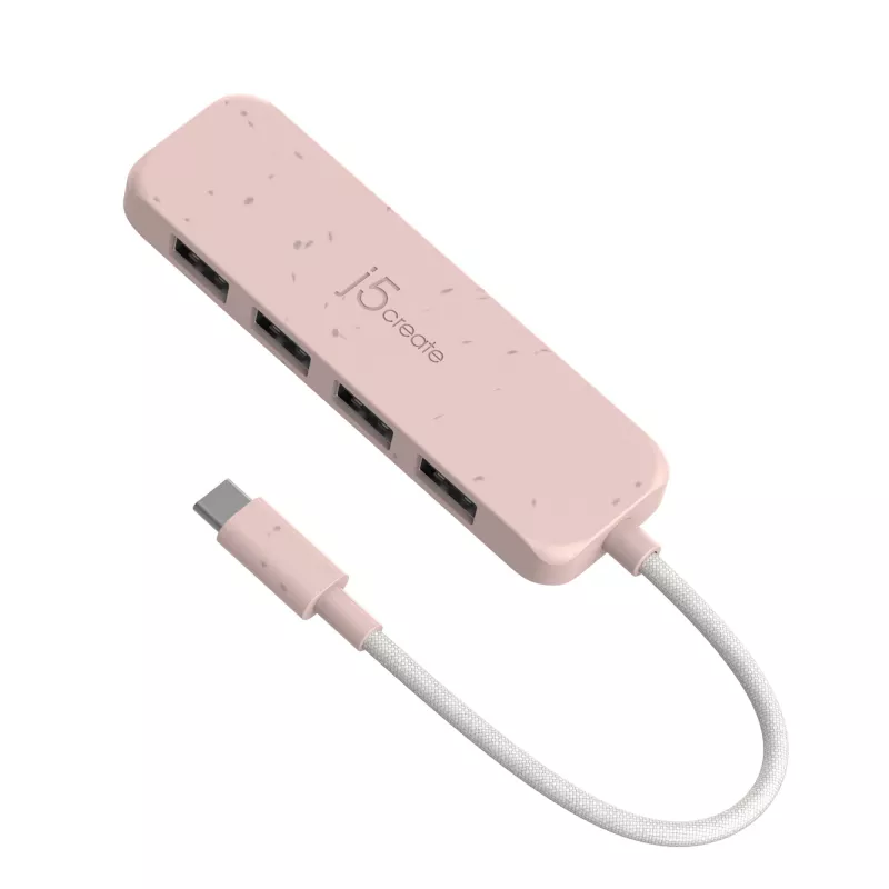 USB-C to 4-Port USB-A Gen 2 Hub j5create — 10 Gbps, USB 3.2, Rose, ABS recycled plastic, 100×27×19 mm