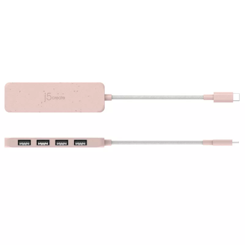 USB-C to 4-Port USB-A Gen 2 Hub j5create — 10 Gbps, USB 3.2, Rose, ABS recycled plastic, 100×27×19 mm