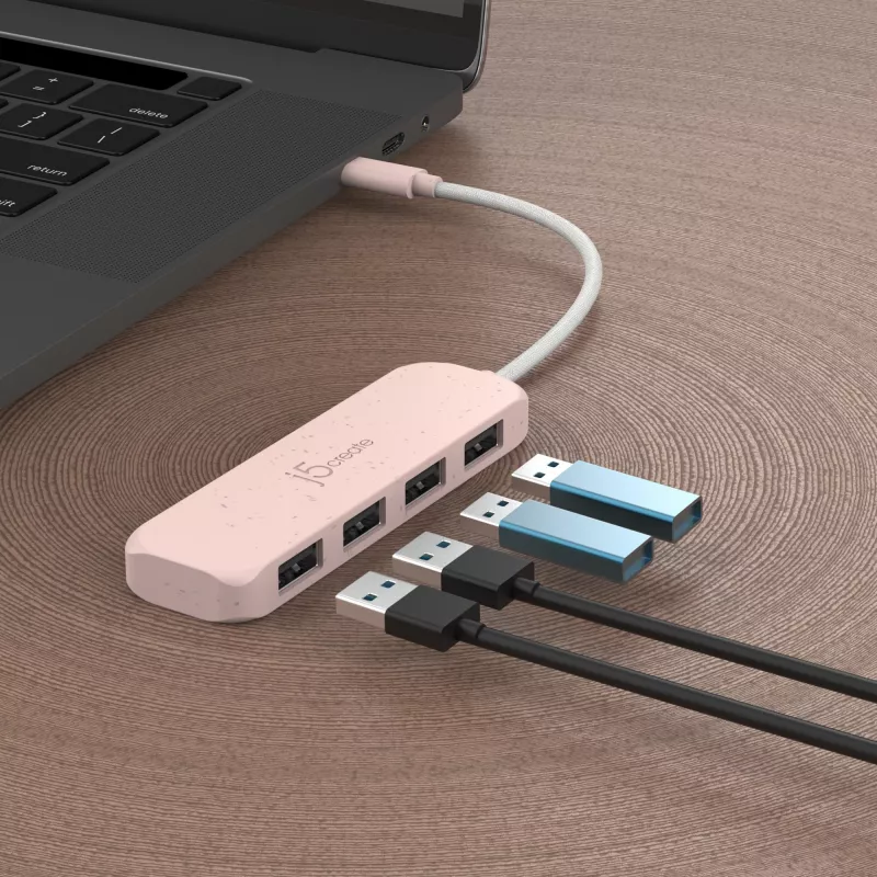 USB-C to 4-Port USB-A Gen 2 Hub j5create — 10 Gbps, USB 3.2, Rose, ABS recycled plastic, 100×27×19 mm