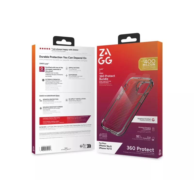 ZAGG Luxe + Glass 360 Bundle iPhone 17e/16e/14/13 Clear, Cover, Apple, iPhone 17e/16e/14/13, 15.5 cm (6.1"), Transparent