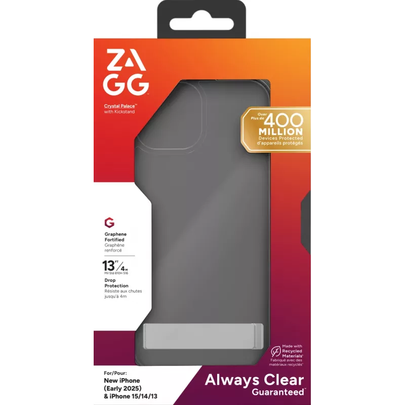 ZAGG Crystal Palace Kickstand Case iPhone 16/15/14/13 Clear, Cover, Apple, iPhone 17e/16e/15/14/13, 15.5 cm (6.1"), Transparent