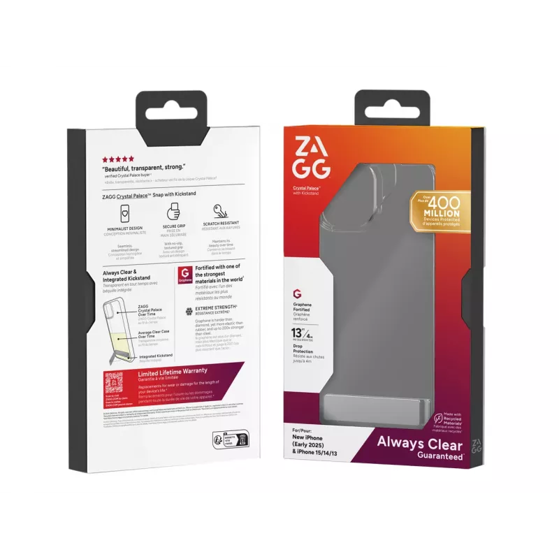 ZAGG Crystal Palace Kickstand Case iPhone 16/15/14/13 Clear, Cover, Apple, iPhone 17e/16e/15/14/13, 15.5 cm (6.1"), Transparent