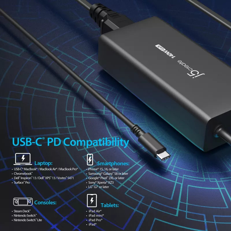 USB-C GaN Charger j5create JUP17140 140W PD3.1, Indoor, Black, 59×127×30.5 mm