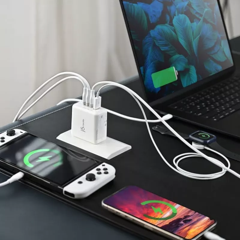 j5 create 70W GaN USB-C 4-Port Charger — indoor AC-powered, universal compatibility, white