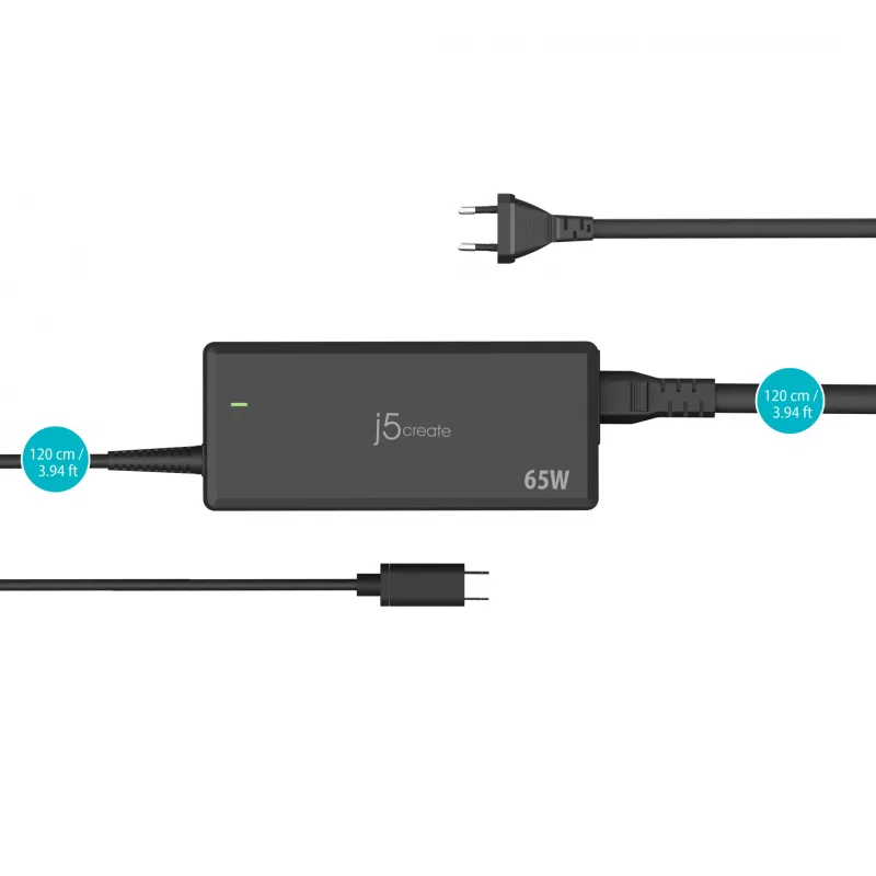 USB-C PD Power Adapter j5create JUP1265 — 65W, Indoor, Black, Plastic, 118×32×50 mm (EU)