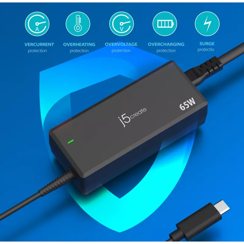 USB-C PD Power Adapter j5create JUP1265 — 65W, Indoor, Black, Plastic, 118×32×50 mm (EU)