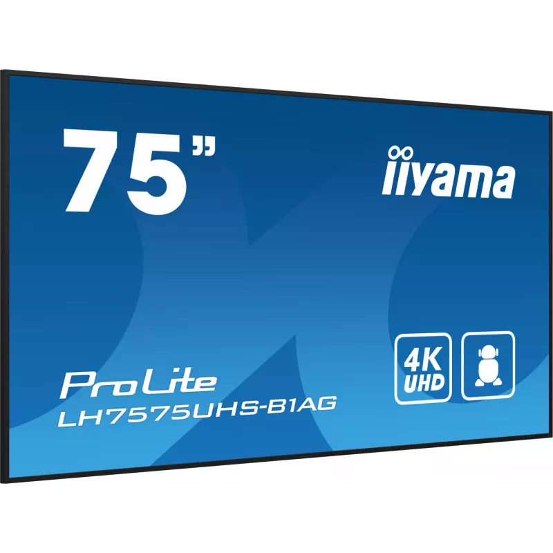 iiyama LH7575UHS-B1AG Signage Display Digital signage flat panel 190.5 cm (75 inch) LCD Wi-Fi 500 cd/m² 4K Ultra HD Black Built-in processor Android 11 24/7