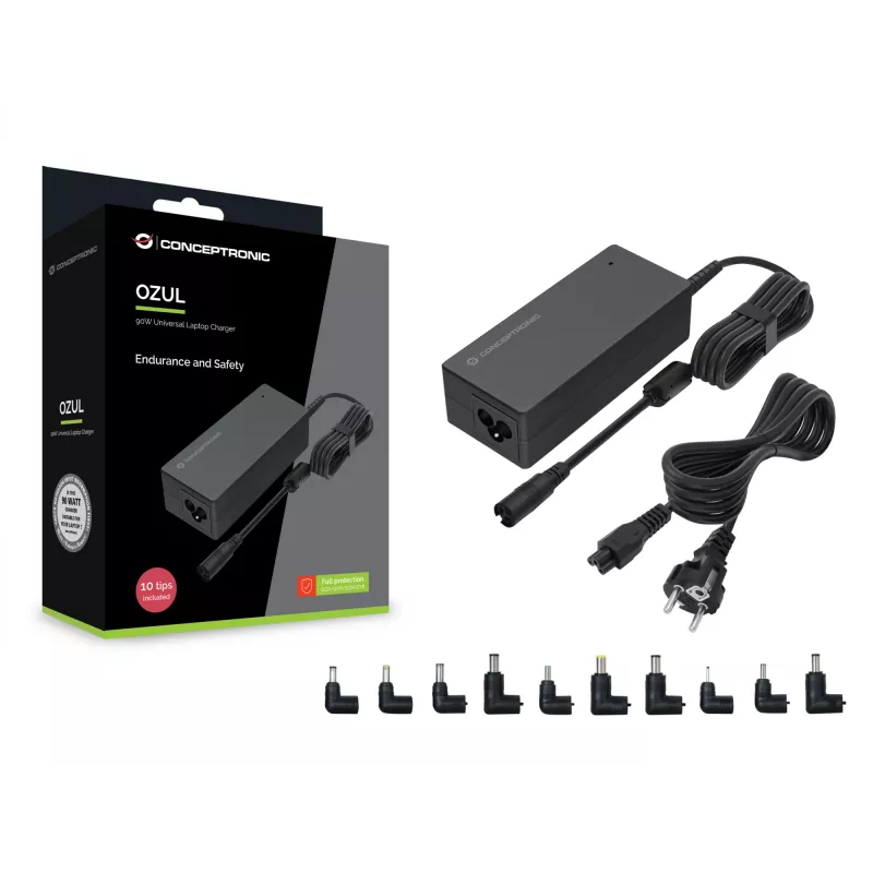 Conceptronic OZUL08B10 90W Universal Laptop Charger, 10 Charging Tips incl.