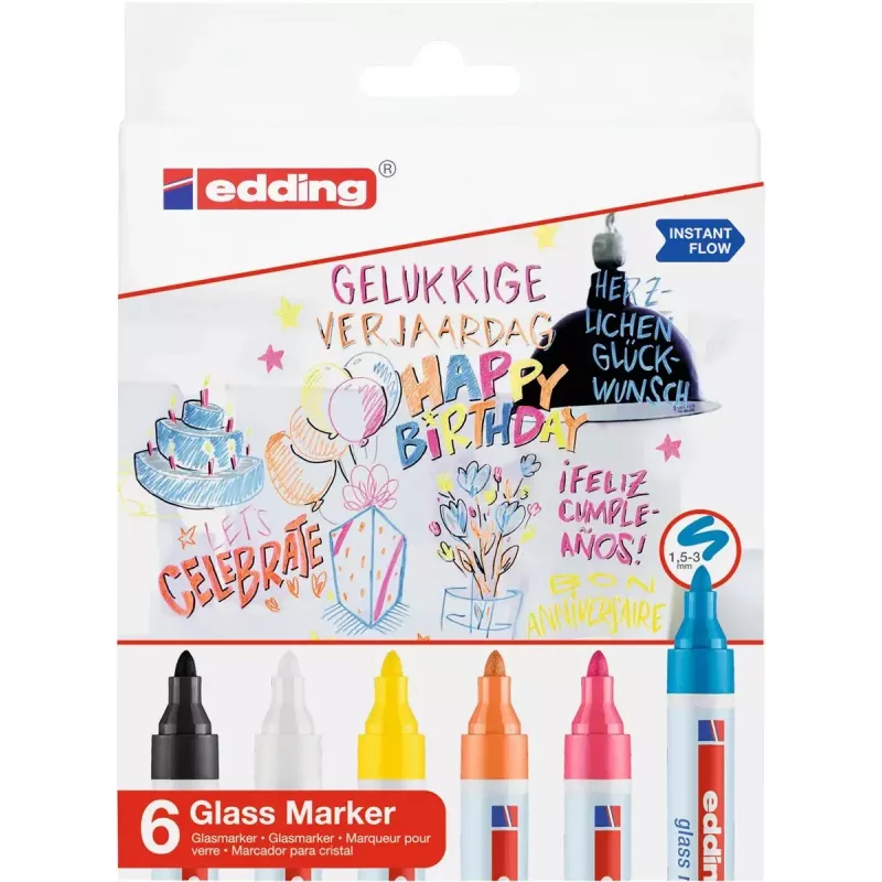 Glass marker Edding 95 6 pc(s) Bullet tip Black Blue Orange Pink White Yellow