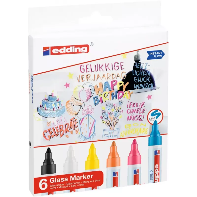 Glass marker Edding 95 6 pc(s) Bullet tip Black Blue Orange Pink White Yellow