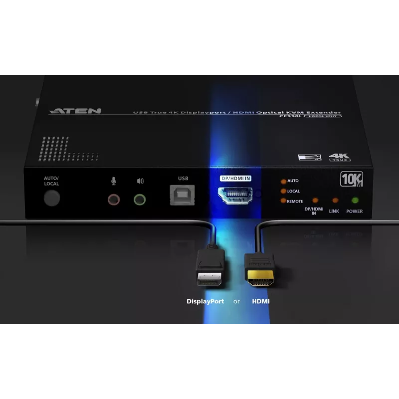 ATEN True 4K DP/HDMI Optical KVM 10km, Transmitter & receiver, Wired, 10000 m, 4096 x 2160 pixels, Black, Metal