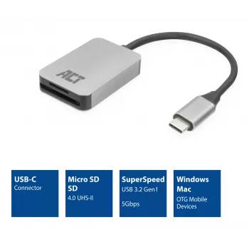 Card Reader ACT AC7056 USB 3.2 Gen 1 Type-C Grey MicroSD SD