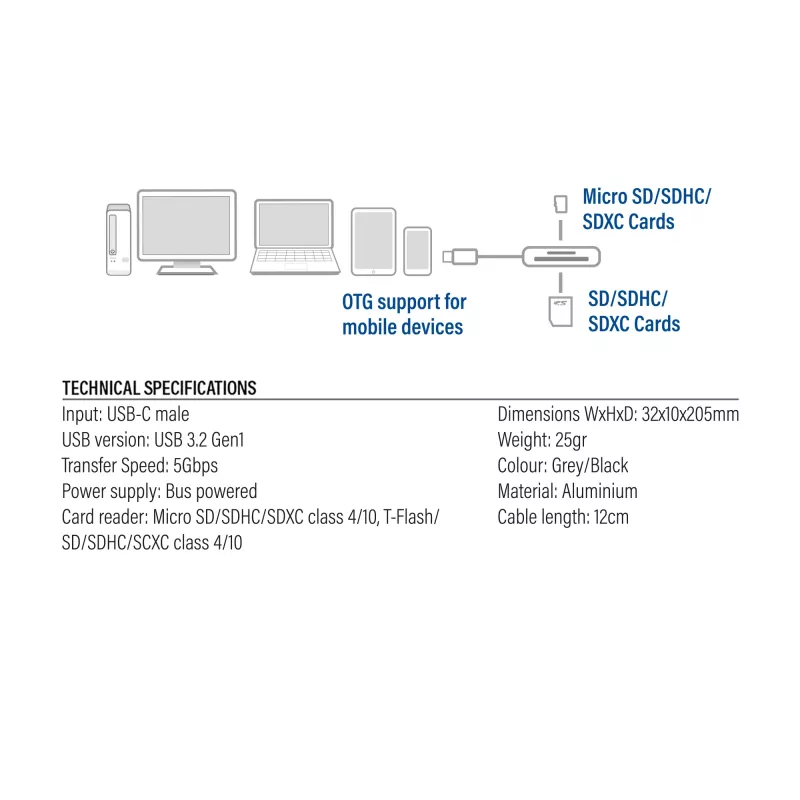 Card Reader ACT AC7056 USB 3.2 Gen 1 Type-C Grey MicroSD SD