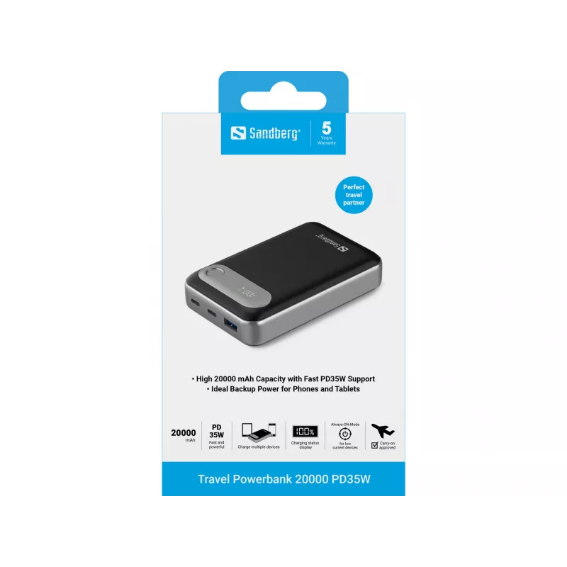 Sandberg Travel Powerbank 20000 PD35W, 20000 mAh, Lithium Polymer (LiPo), 3.7 V, Black, Silver