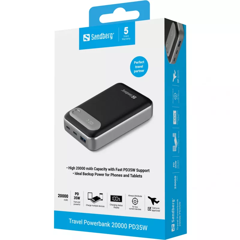 Sandberg Travel Powerbank 20000 PD35W, 20000 mAh, Lithium Polymer (LiPo), 3.7 V, Black, Silver