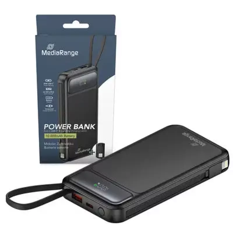 Powerbank MediaRange MRMA753 10,000 mAh LiPo with integrated cables, LC-display, USB-C PD & Quick Charge, black