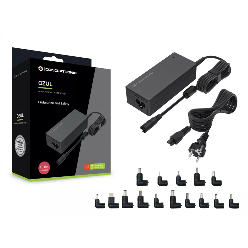 Conceptronic OZUL08B15 90W Universal Laptop Charger, 15 Charging Tips incl.
