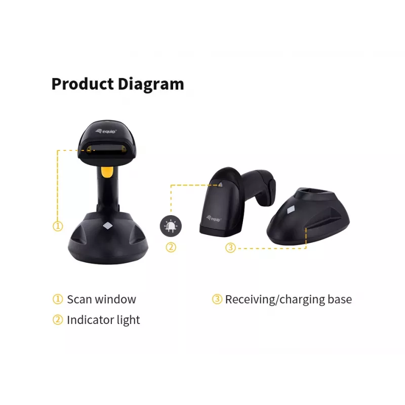 Equip Wireless 1D Laser Barcode Scanner, Long Distance, with Stand