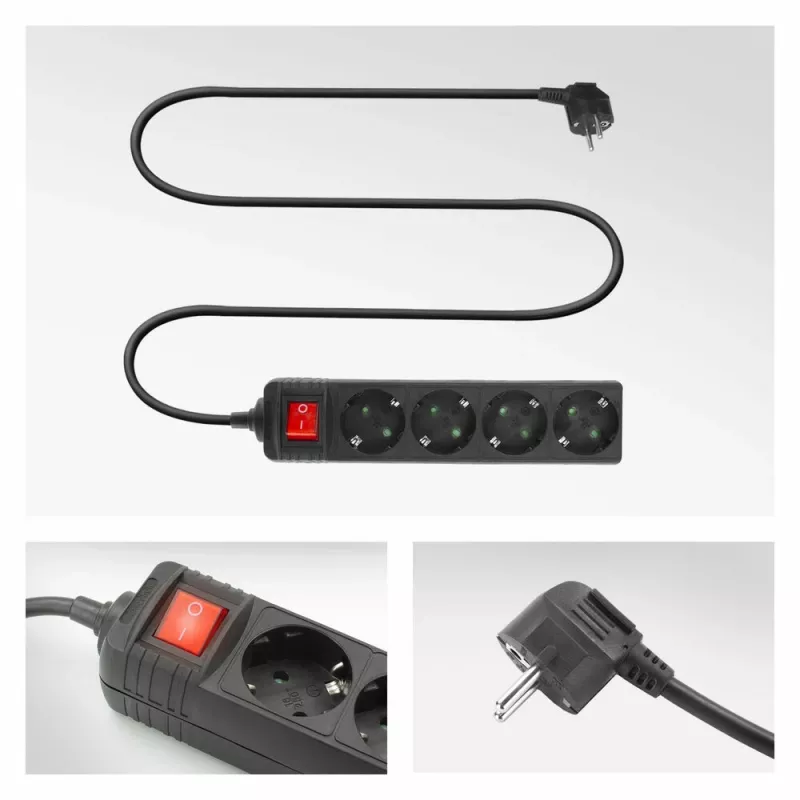 ACT Power strip with illuminated switch, 4 sockets, 2 m, black