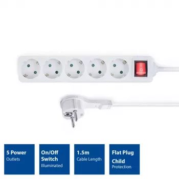 ACT Power strip with illuminated switch and flat plug, 5 sockets, 1.5 m, white