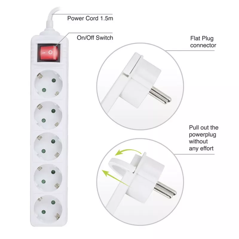 ACT Power strip with illuminated switch and flat plug, 5 sockets, 1.5 m, white