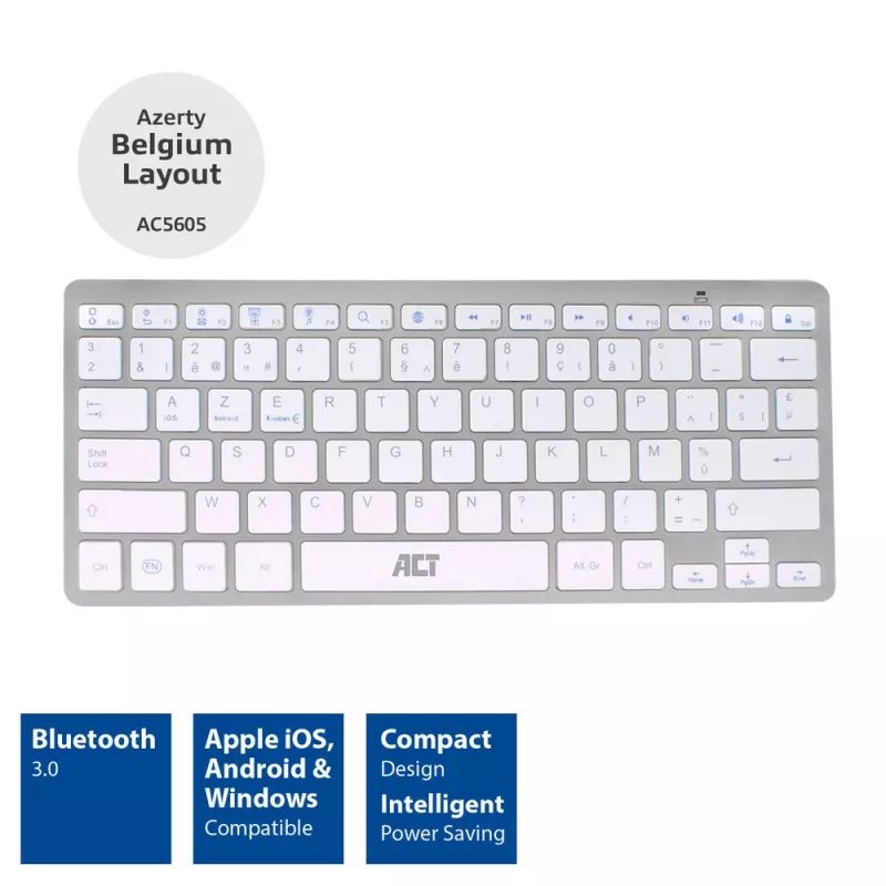 ACT Portable Bluetooth Keyboard Azerty/BE layout Wireless White 75%