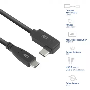 ACT USB 3.0 10Gbps 60W USB Type-C (straight) to USB Type-C (left/right angled) Cable, 0.5 meters