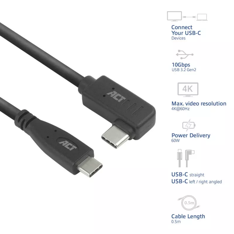 ACT USB 3.0 10Gbps 60W USB Type-C (straight) to USB Type-C (left/right angled) Cable, 3 meters