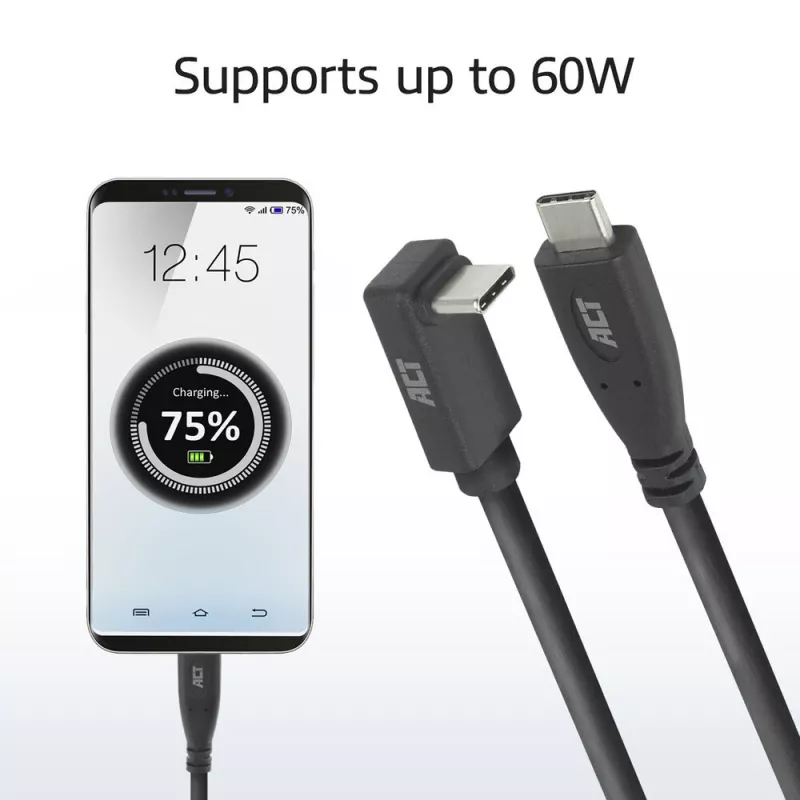 ACT USB 3.0 10Gbps 60W USB Type-C (straight) to USB Type-C (up/down angled) Cable, 1 meter