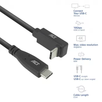 ACT USB 3.0 10Gbps 60W USB Type-C (straight) to USB Type-C (up/down angled) Cable, 2 meter