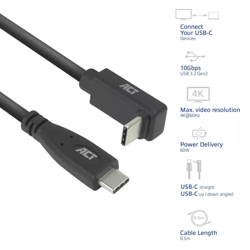 ACT USB 3.0 10Gbps 60W USB Type-C (straight) to USB Type-C (up/down angled) Cable, 2 meter
