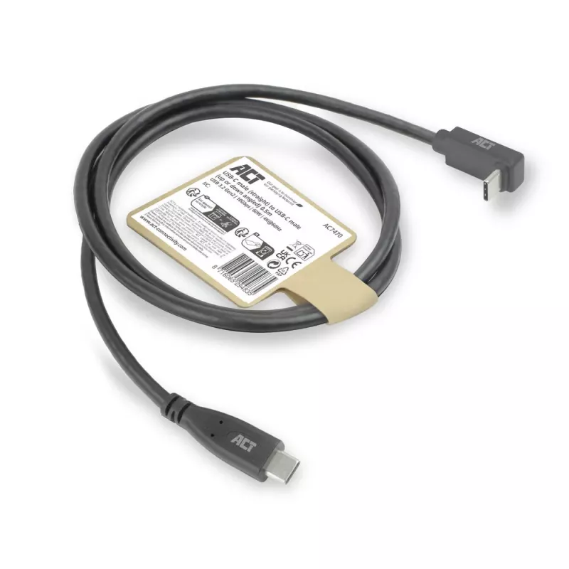 ACT USB 3.0 10Gbps 60W USB Type-C (straight) to USB Type-C (up/down angled) Cable, 2 meter