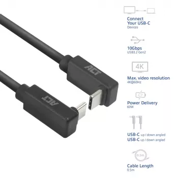 ACT USB 3.0 10Gbps 60W USB Type-C (up/down angled) to USB Type-C (up/down angled) Cable, 0.5 meters