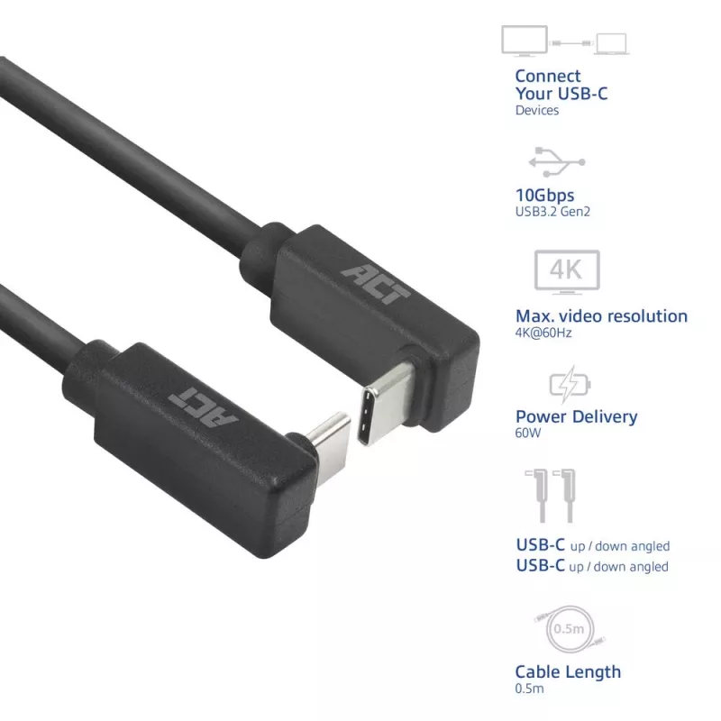 ACT USB 3.0 10Gbps 60W USB Type-C (up/down angled) to USB Type-C (up/down angled) Cable, 1 meter