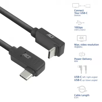 ACT USB 3.0 10Gbps 60W USB Type-C (left/right angled) to USB Type-C (up/down angled) Cable, 1 meter