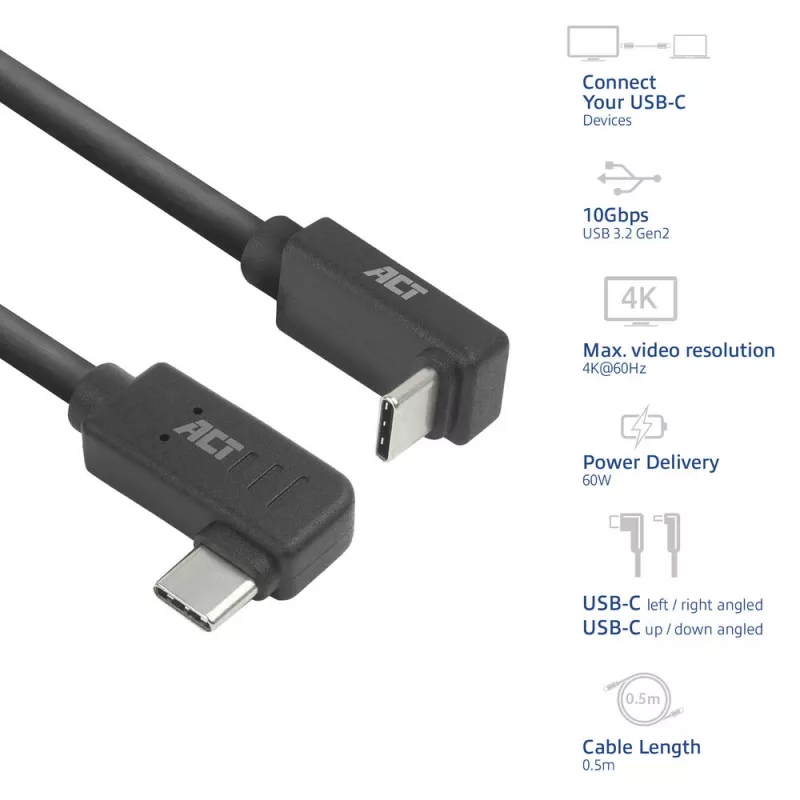ACT USB 3.0 10Gbps 60W USB Type-C (left/right angled) to USB Type-C (up/down angled) Cable, 1 meter