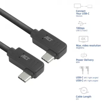 ACT USB 3.0 10Gbps 60W USB Type-C (left/right angled) to USB Type-C (left/right angled) Cable, 1 meter