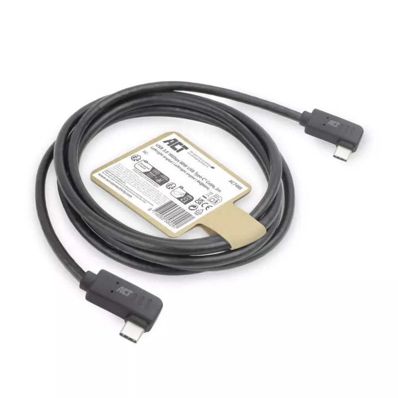 ACT USB 3.0 10Gbps 60W USB Type-C (left/right angled) to USB Type-C (left/right angled) Cable, 1 meter