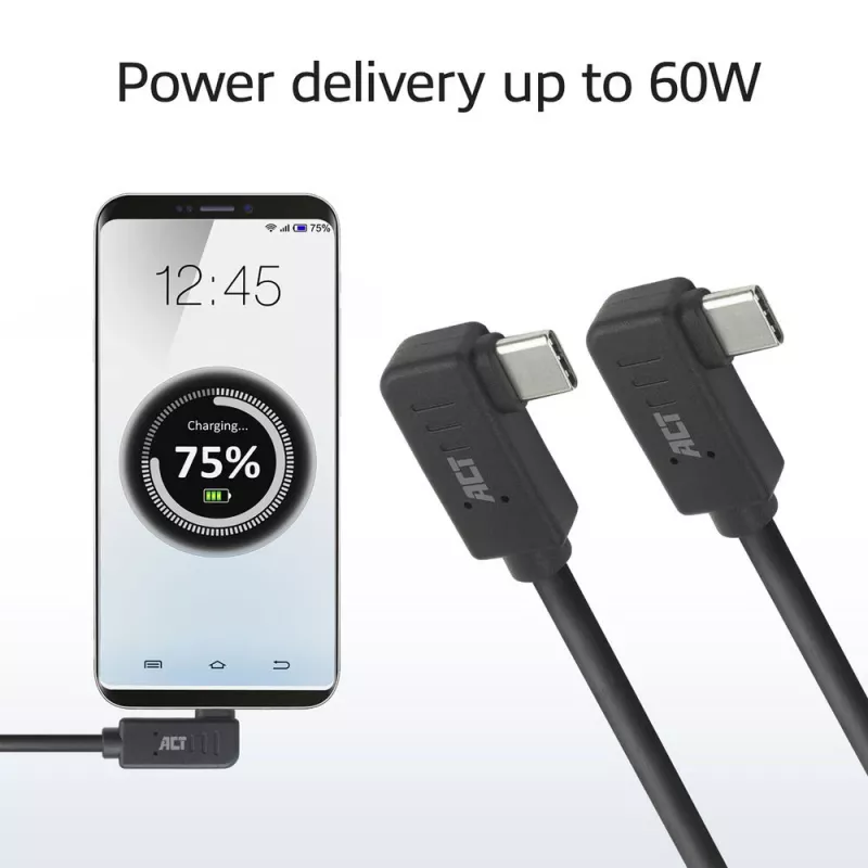 ACT USB 3.0 10Gbps 60W USB Type-C® (left/right angled) to USB Type-C® (left/right angled) Cable, 2 meters