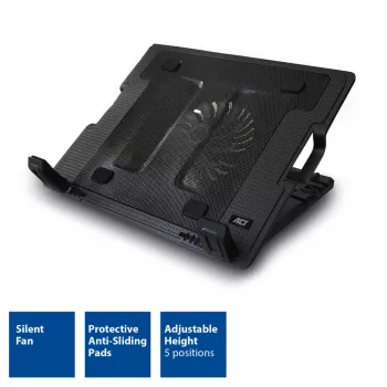 ACT Laptop stand, with fan, 5 positions height adjustable, 2-port hub