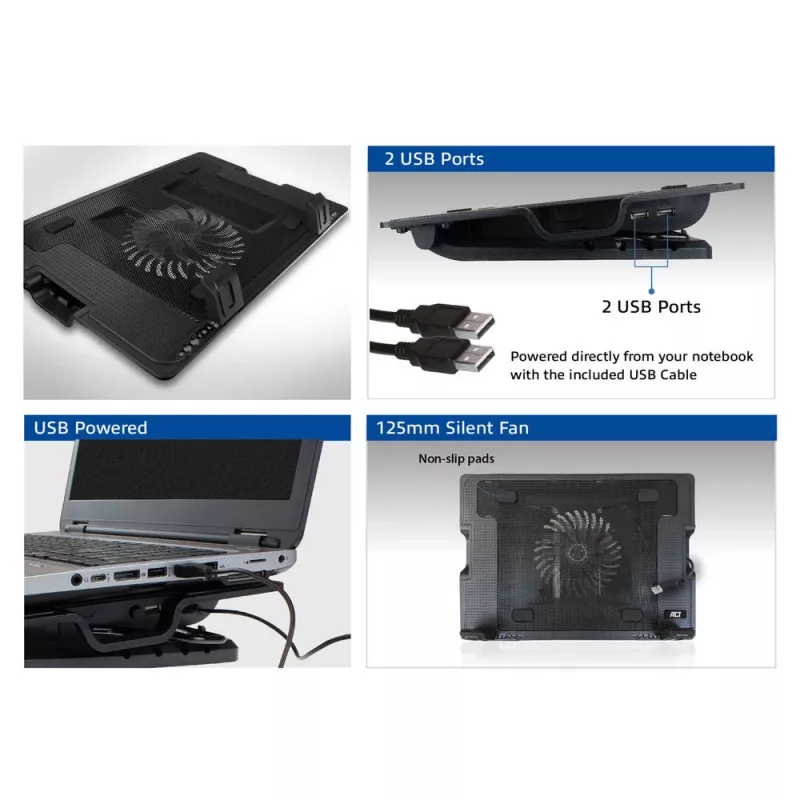 ACT Laptop stand, with fan, 5 positions height adjustable, 2-port hub