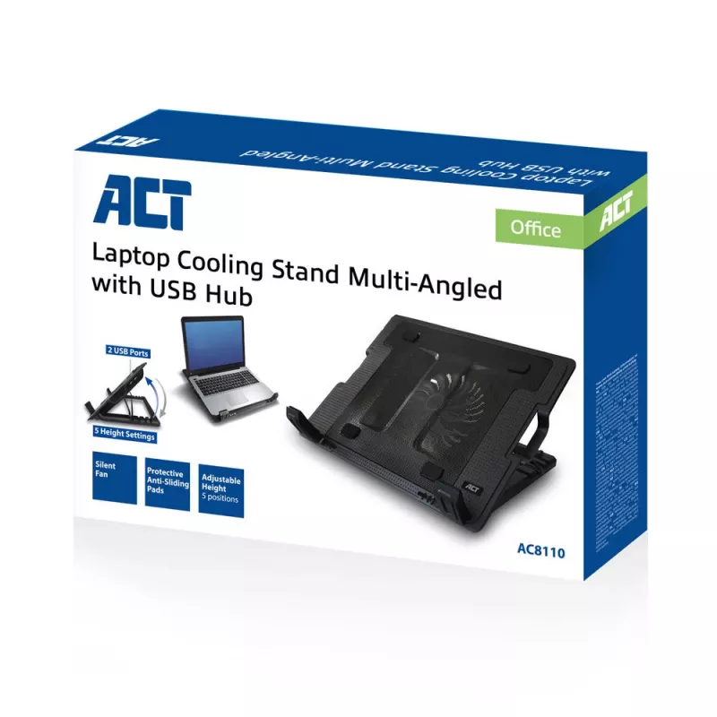 ACT Laptop stand, with fan, 5 positions height adjustable, 2-port hub