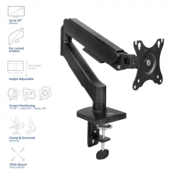 Monitor arm ACT for 35 inch screens, gas spring, single monitor, clamp/grommet, up to 9 kg, VESA 75x75–100x100, tilt ±45°, black